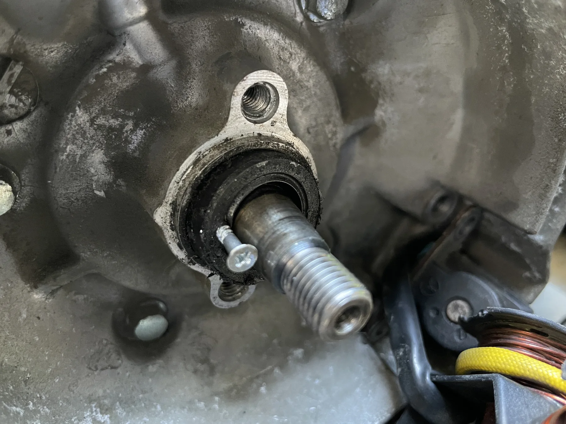 AF27の古いクランクシールへ木ネジを浅くねじ込んで取り外す作業